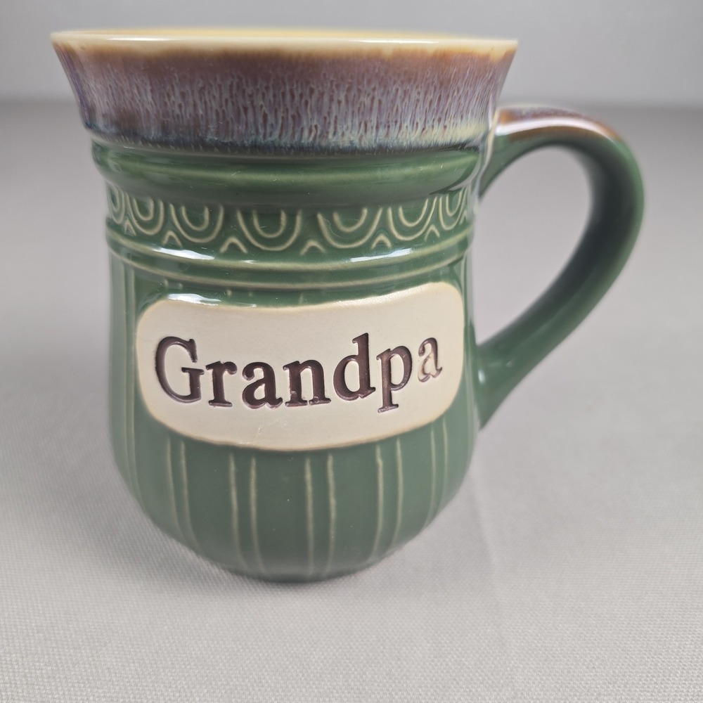 Cracker Barrel Grandpa Coffee Mug Green Glazed Stoneware Drip Rim Cup 16oz Heavy